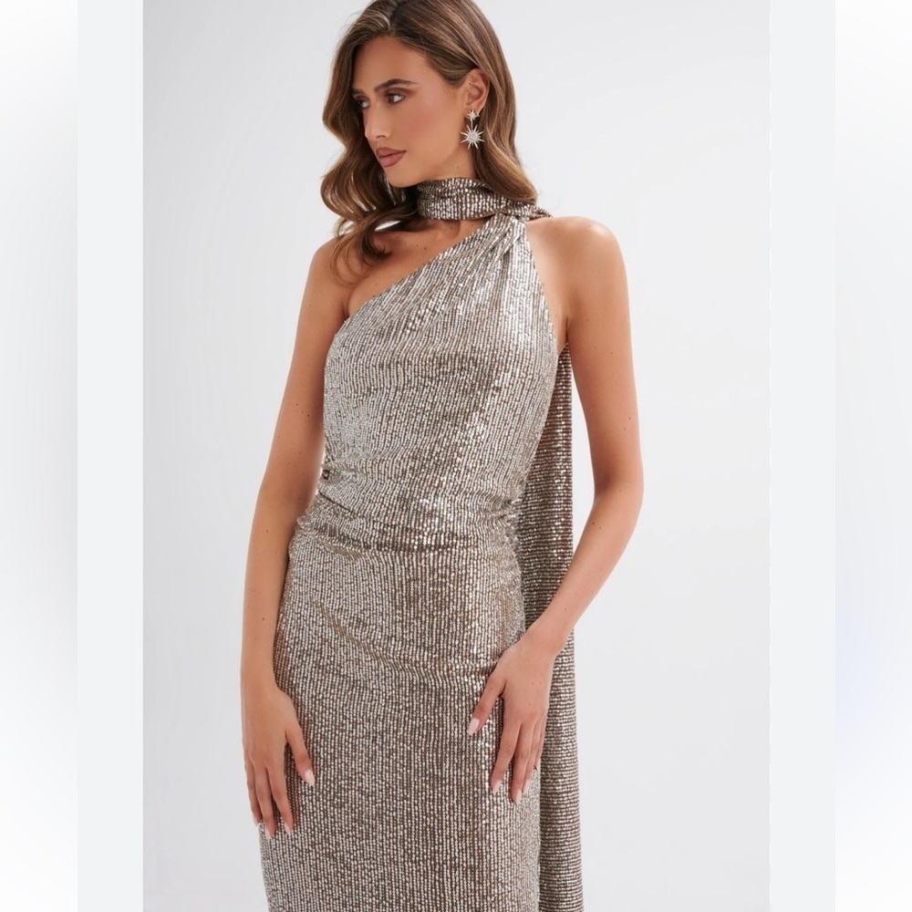 NWT Lavish Alice ALANNI Stretch Sequin Scarf evening gown Silver brown size 2 - Picture 8 of 16